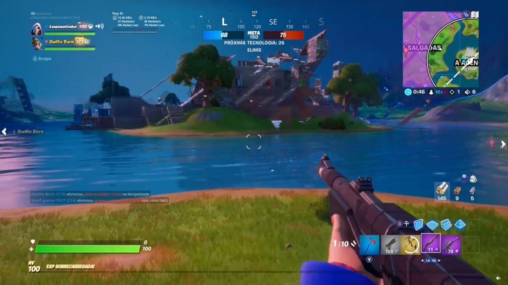 Fortnite island seen through first person perspective, stairs being built ahead of player
