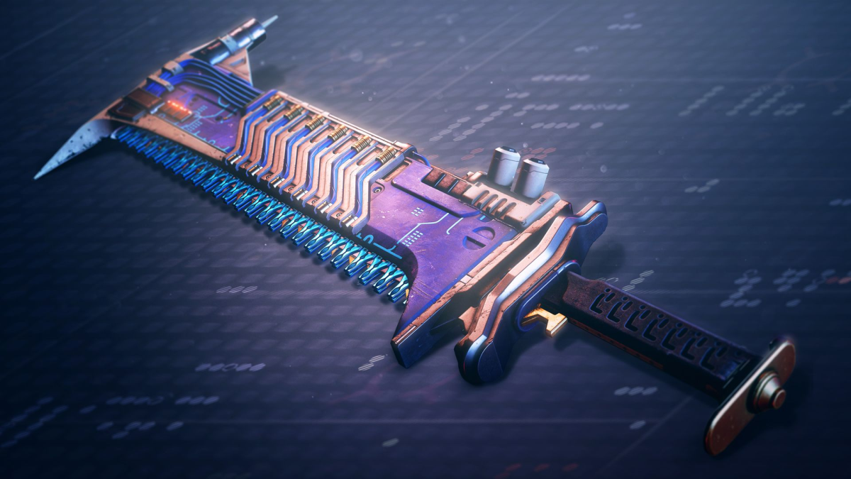 The Lament sword with its technologic motif, which makes it look like a weaponized computer chip.