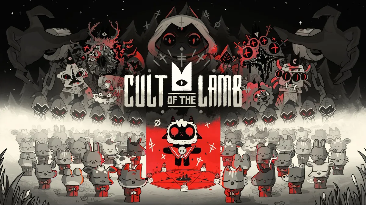 Cult of the Lamb art, with animals standing around a floating lamb in red light with symbols around them