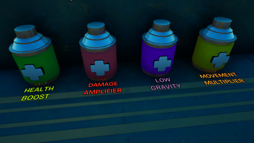 A green can that says health boost, a red one that says damage amplifier, a purple one that says low gravity, and a yellow one that says movement multiplier