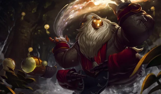Bard, a mystical golem-like creature, wearing red and grey and meditating in a forest in League of Legends.