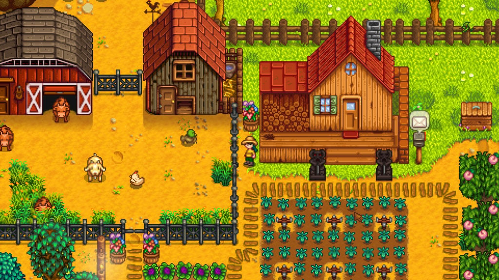 Stardew Valley farm with crops and barn