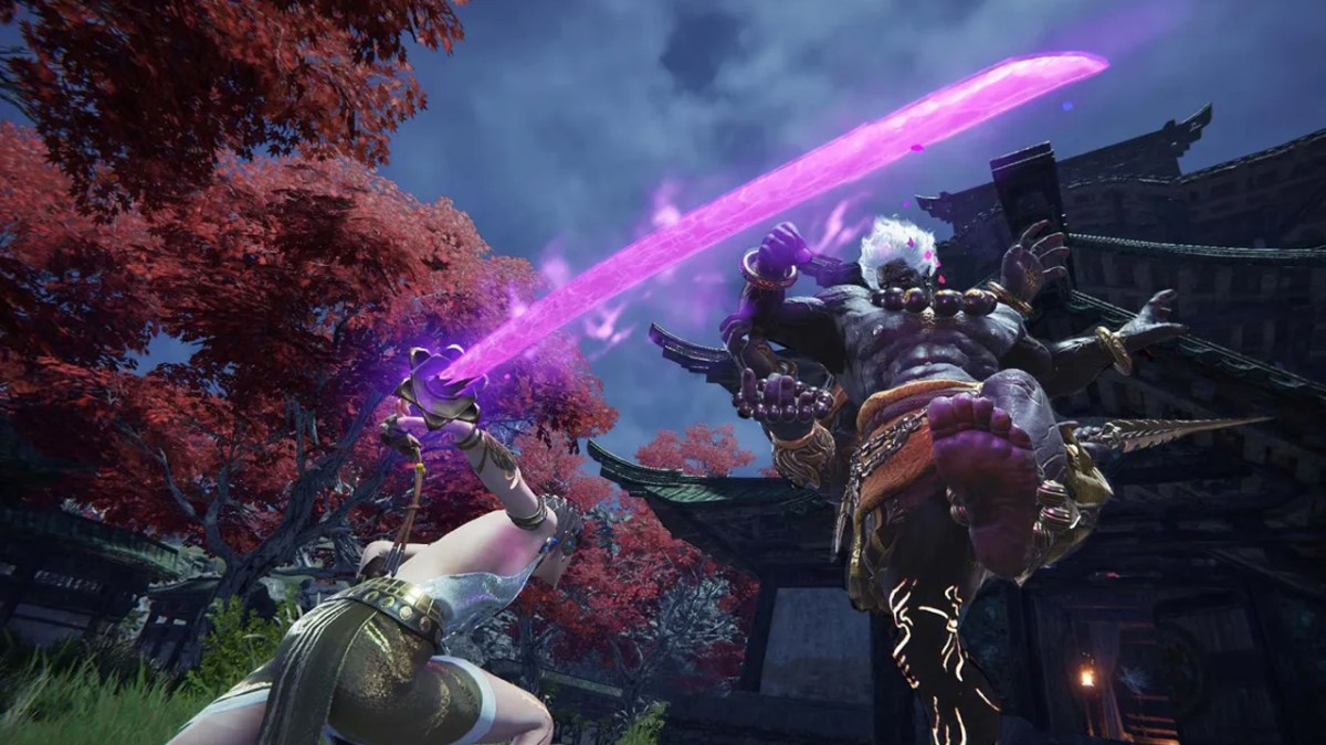 Naraka Bladepoint characters doing battle outside a Japanese-style temple and a cherry blossom grove.