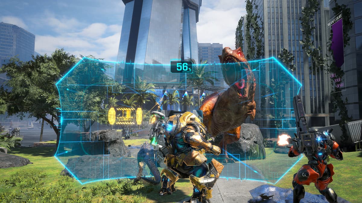 A character wearing a yellow exosuit generates a blue shield in front of allies, as they fight in a city in Exoprimal.