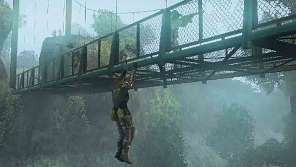 Snake hanging from a bridge to hide from enemies in Metal Gear Solid: Peace Walker