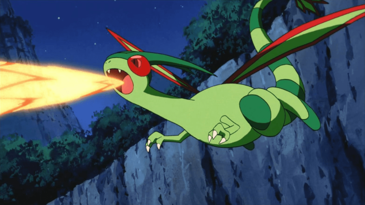 Flygon attacking in the air in the Pokémon anime.