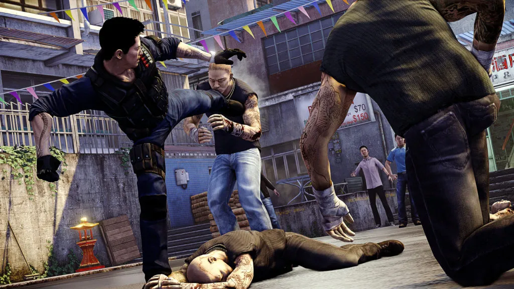 Wei Shen skicking a thug in the chest in Sleeping Dogs.