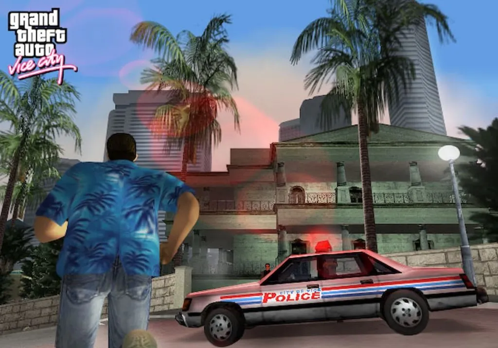 A character looks at a bar and set of buildings with palm trees.