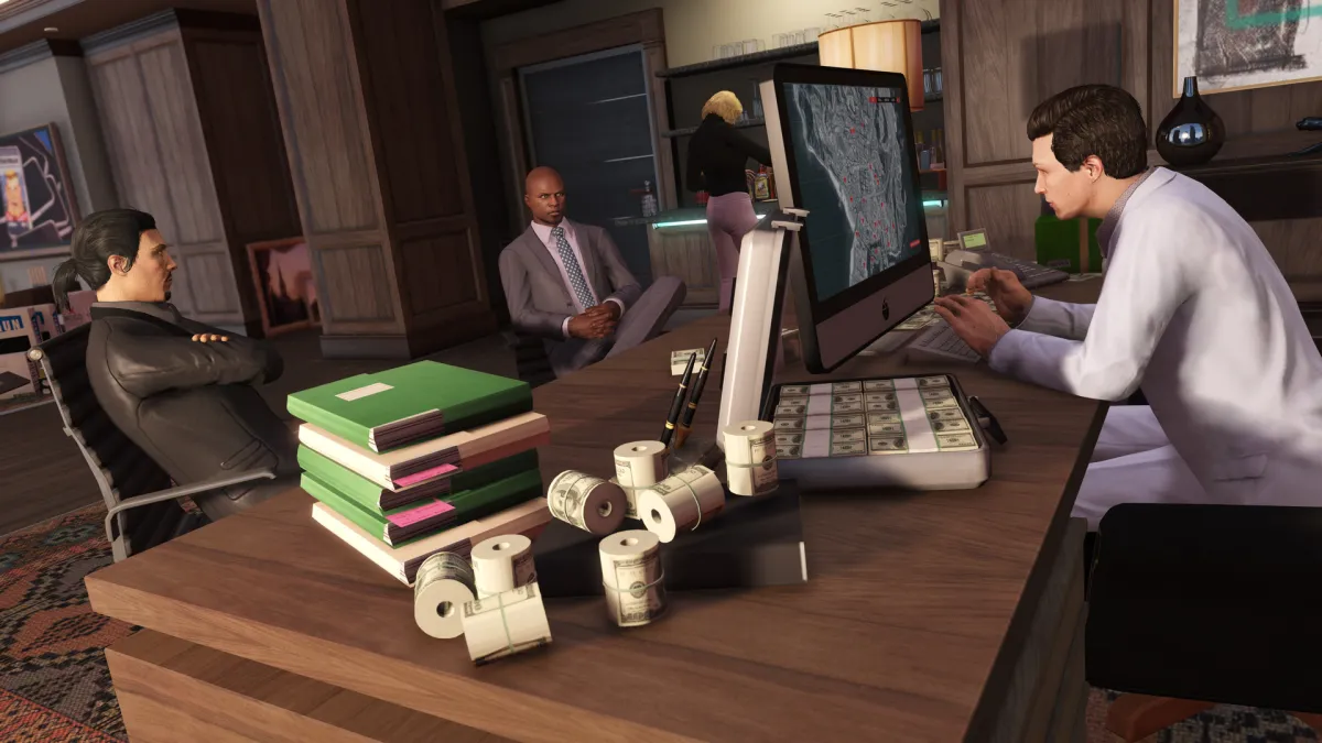 two people sat at a board room table adorned with drugs and cash in gta online