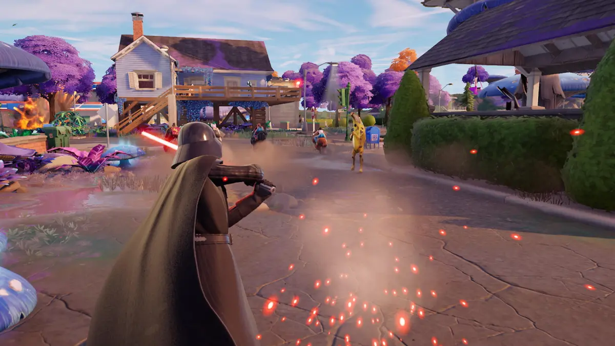 Darth vader reflects incoming fire using his lightsaber in Greasy Grove