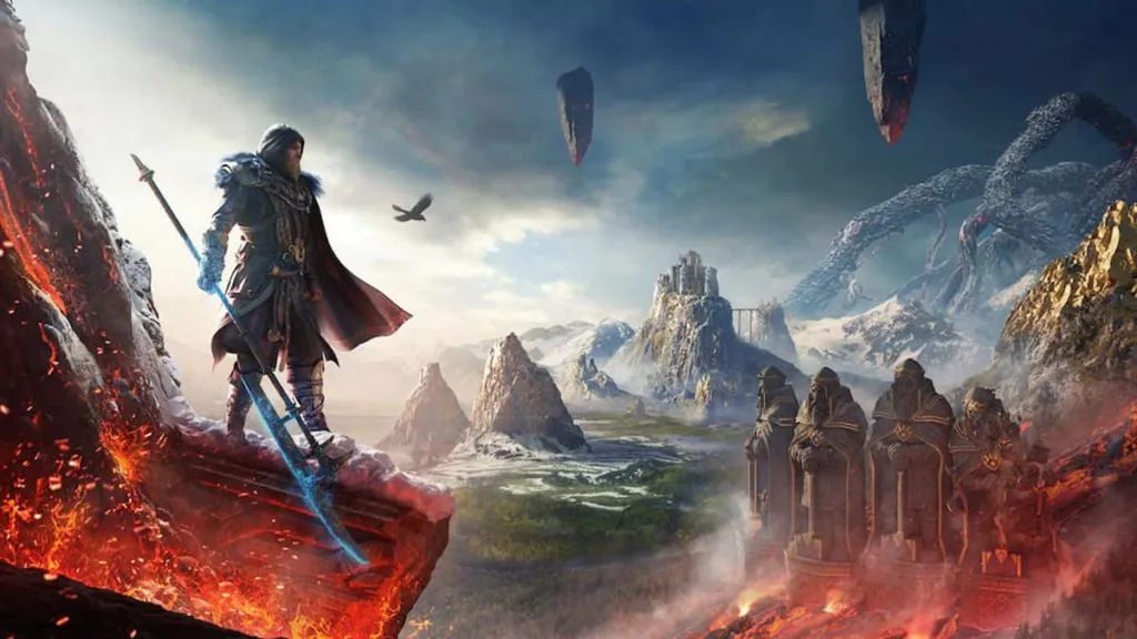 Eivors stares down at a landscape featuring mountains, old ruins, and floating pillars of rock while holding a large axe.