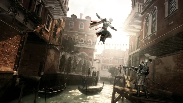 Assassin's Creed character leaping in the air, preparing to strike down an armored enemy.