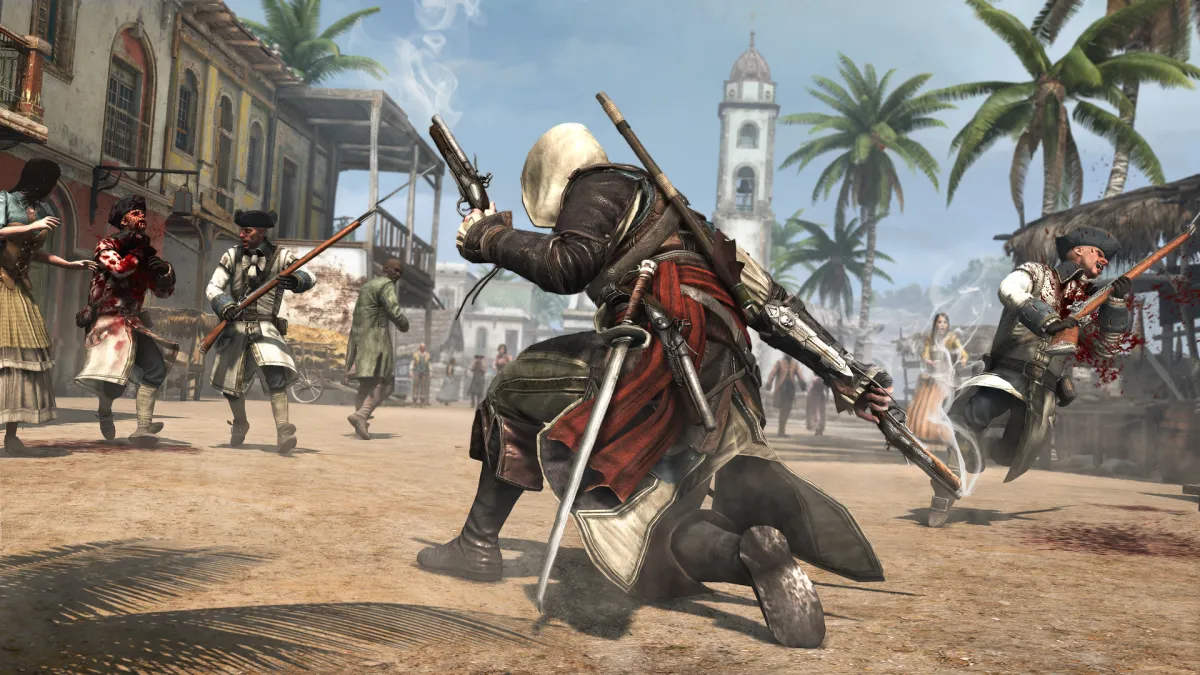 The player character taking on a group of enemies in Assassin's Creed IV: Black Flag.