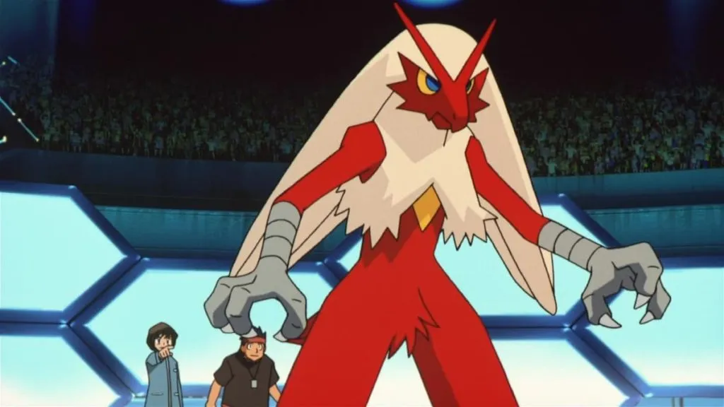 Blaziken standing in an arena, ready to battle in the Pokémon anime.