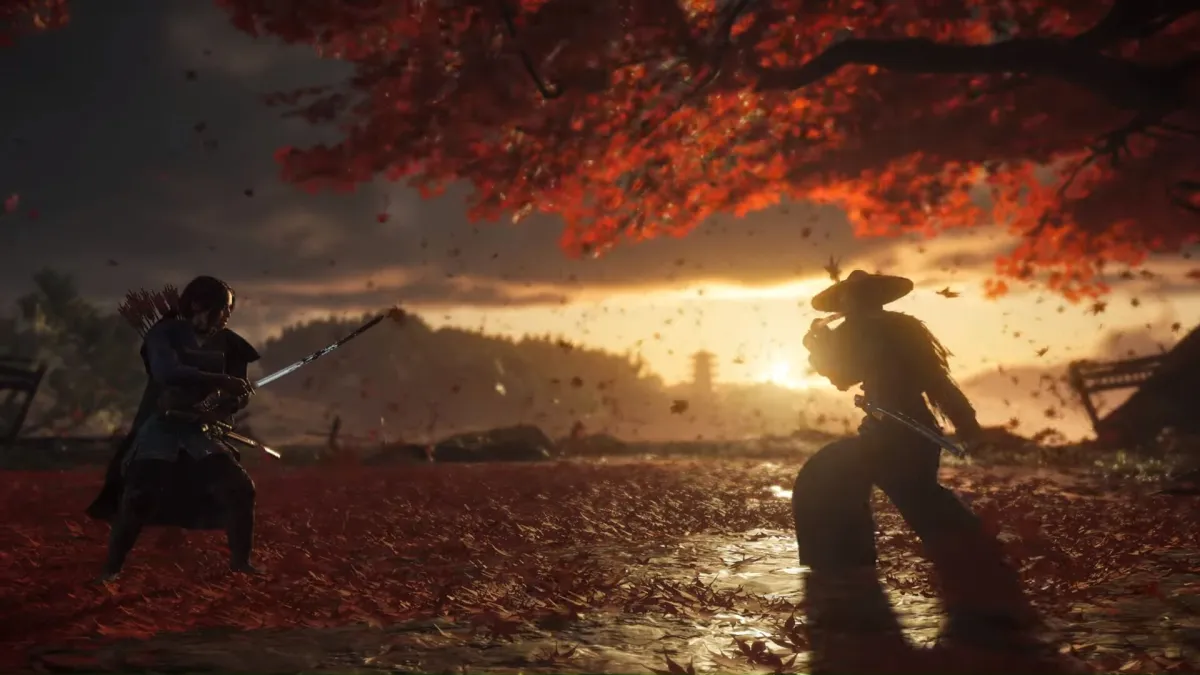 Two samurai square off beneath a red tree with the sunset backlighting them.