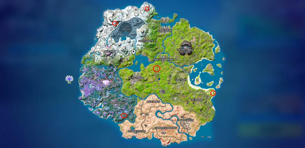 Fortnite chapter three season three map with locations circled