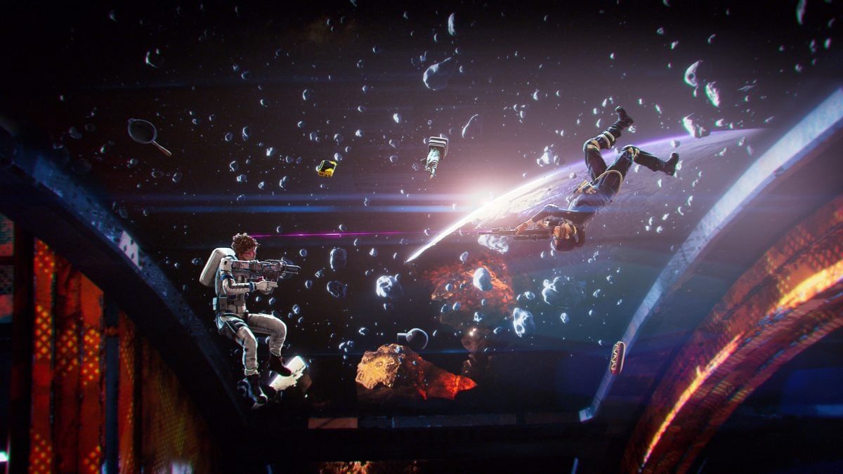 Hyenas promotional image featuring characters fighting in space.