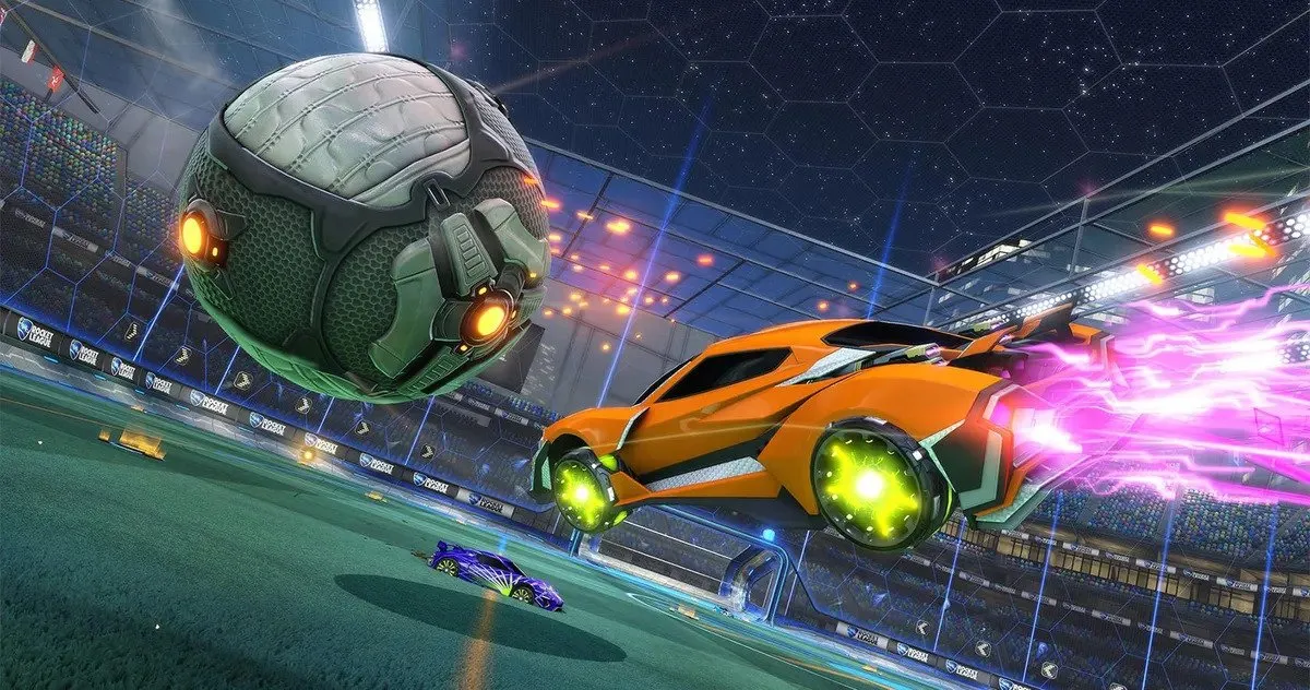 An image of a car in Rocket League hitting a ball