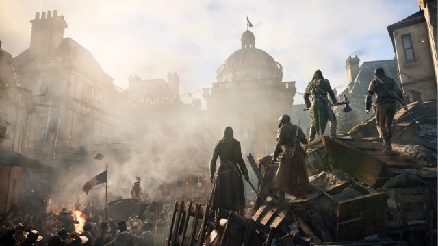 Four Assassins look at a rioting crowd in Assassin's Creed Unity.