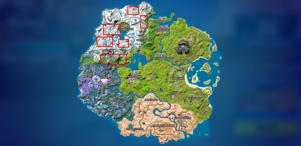Fortnite Chapter Three Season Three map with timber pines locations highlighted