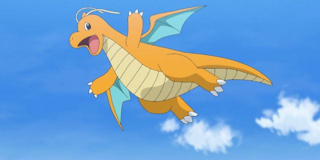 Dragonite from the Pokémon anime flying in the air.