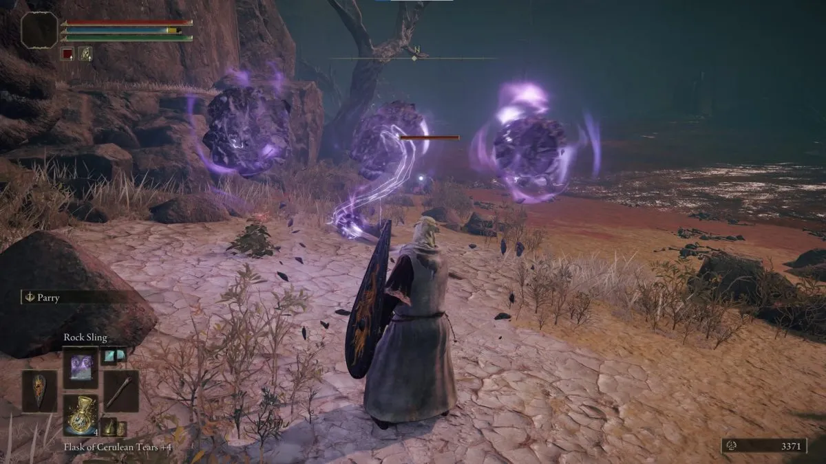 Image of a wizard in Elden Ring casting Rock Sling.
