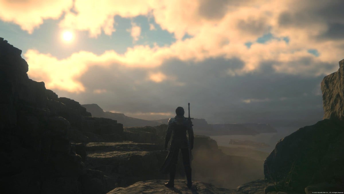 Final fantasy 16's Clive looks out over a landscape