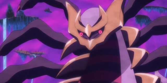 Giratina from the Pokémon anime with glowing red eyes.