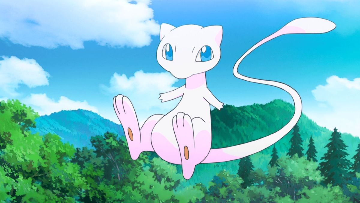 Mew from the Pokémon anime flying above a forest.