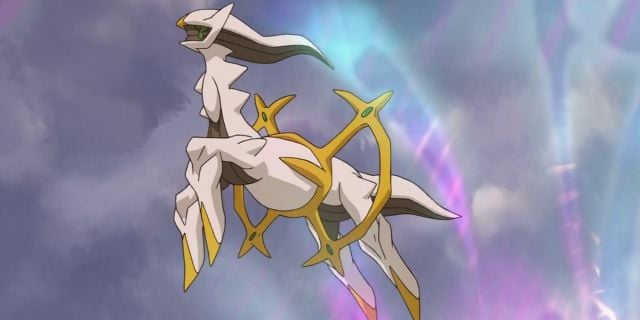 Arceus from Pokémon anime flying through the sky.