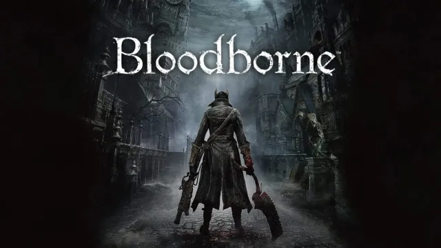 Promotional art for Bloodborne, featuring a character with their back turned to the camera holding two large weapons