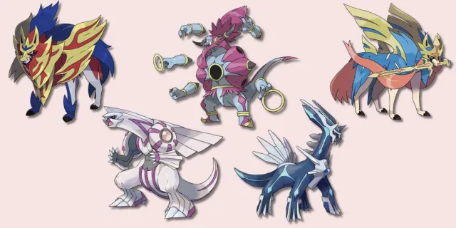 Zacian, Zamazenta, Hoopa, Palkia, and Dialga Pokémon on plain background.