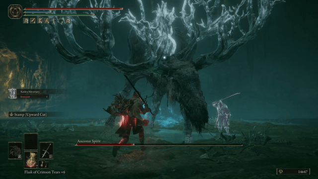 The Tarnished fights the Ancestor Spirit Boss with a summoned spirit