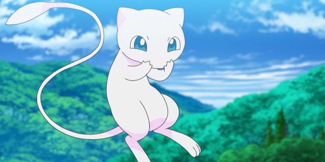 Mew from the Pokémon anime flying above a forest.