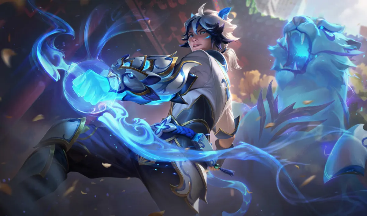 Ezreal, from League of Legends, wielding a blue weapon while the spirit of a lion stands behind him.