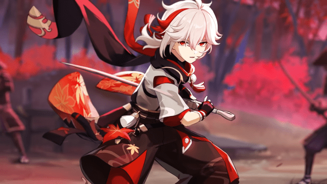 Kazuha unsheathing his sword and preparing for battle in a forest full of red trees. 