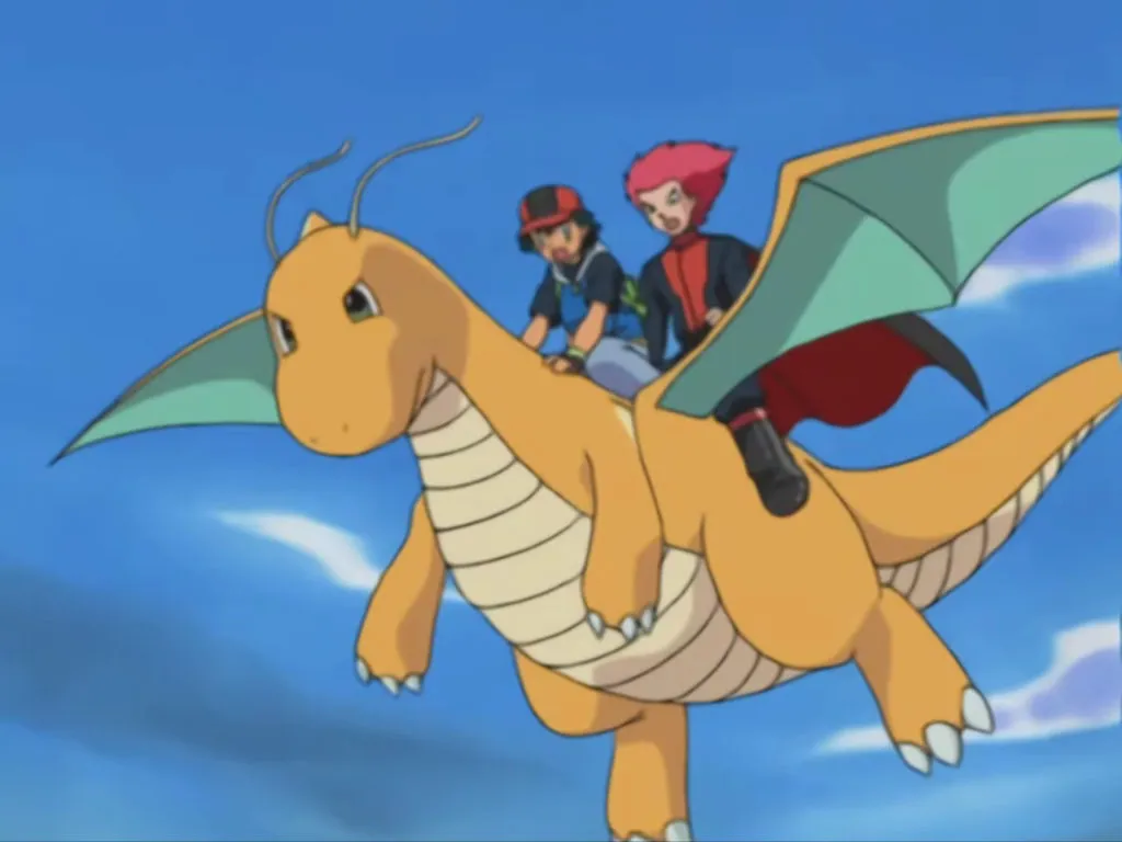 Image of Ash, Lance, and Dragonite - pokemon