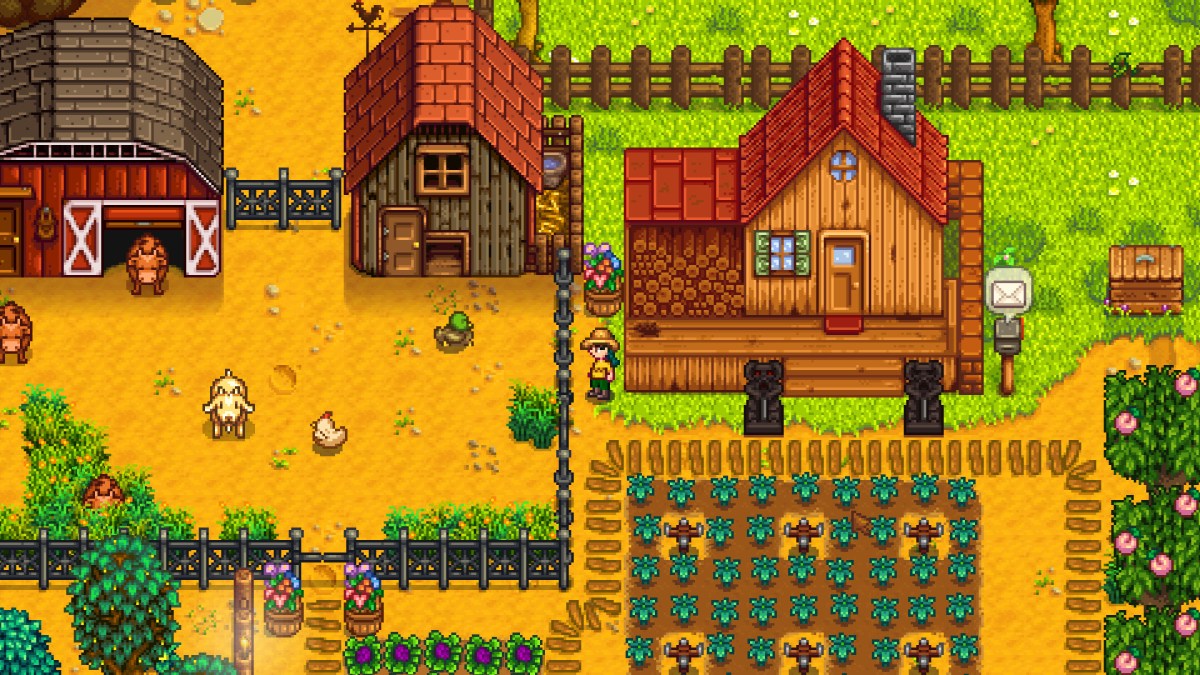 A farm in Stardew Valley with farm animals and crops.