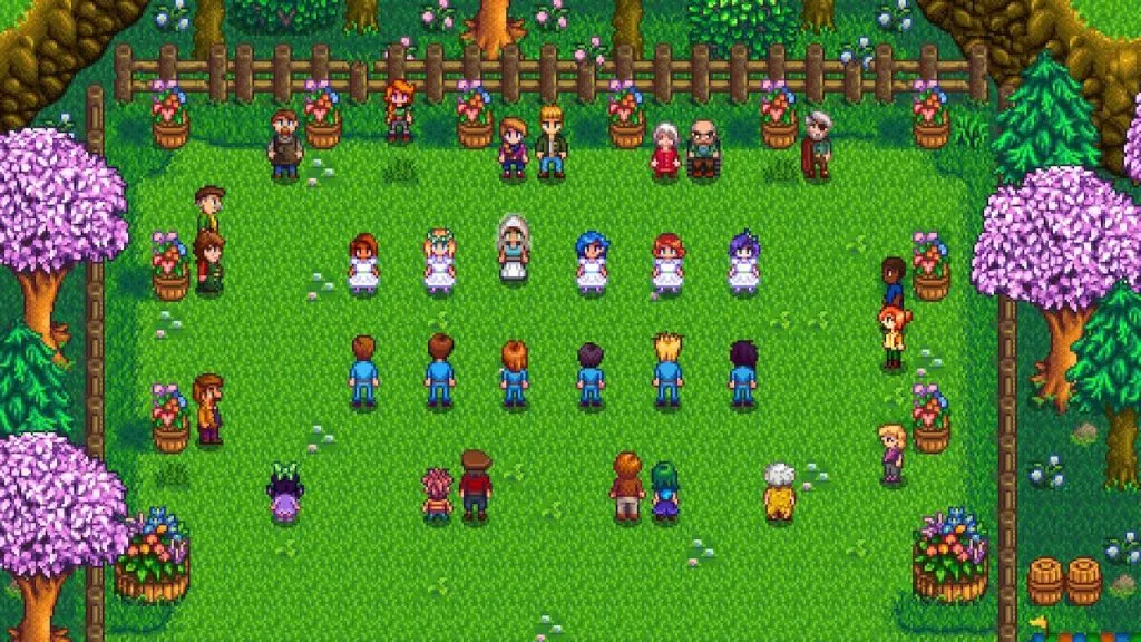 The player attending the Flower Dance Festival in Stardew Valley.