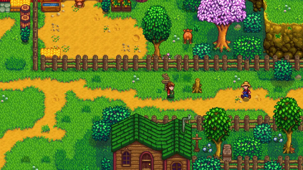 World Seed 269733094 in Stardew Valley with characters walking around a farm area with trees and a fence.