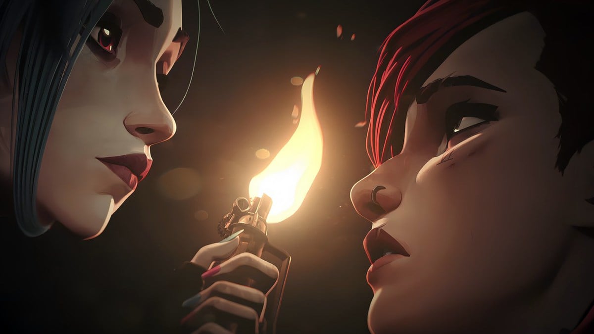 Jinx and Vi look at each other face-to-face, separated by a candle, in Arcane