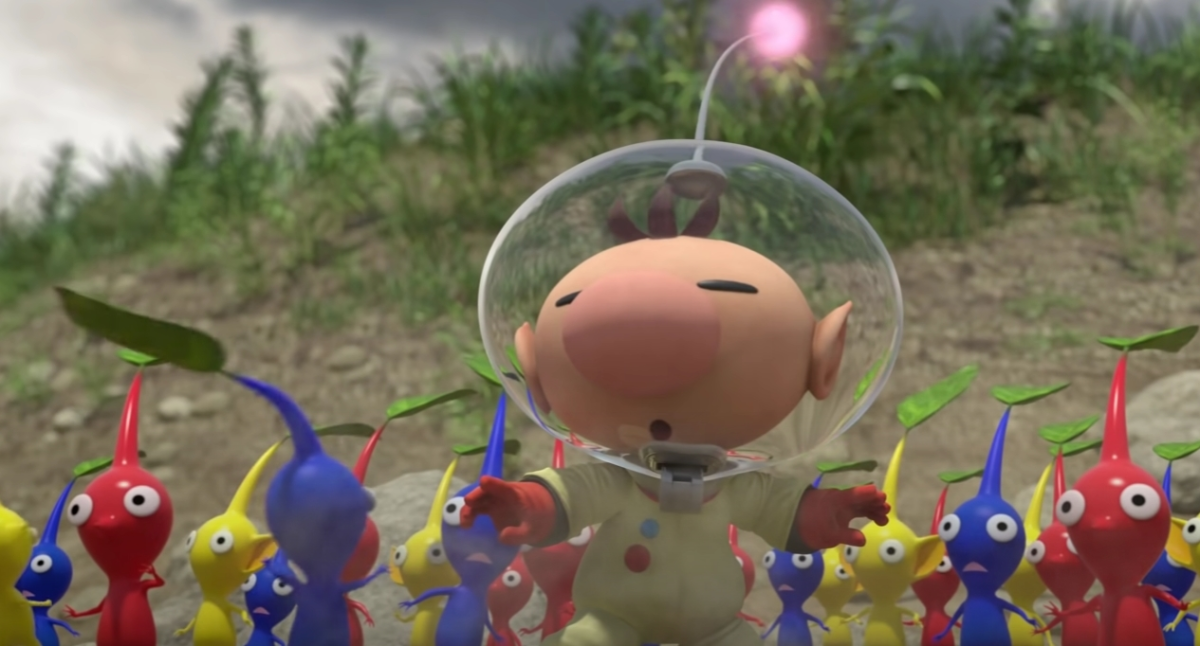 olimar from pikmin with a bunch of the little critters around him