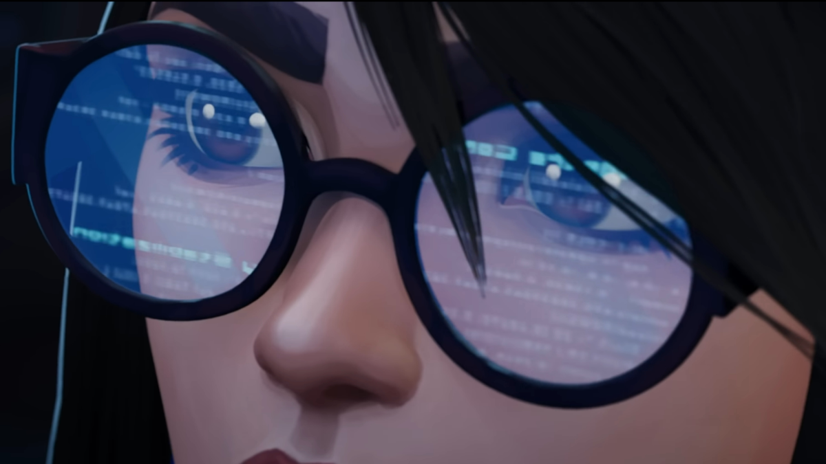 Killjoy agent in VALORANT looking at code reflecting in her glasses.