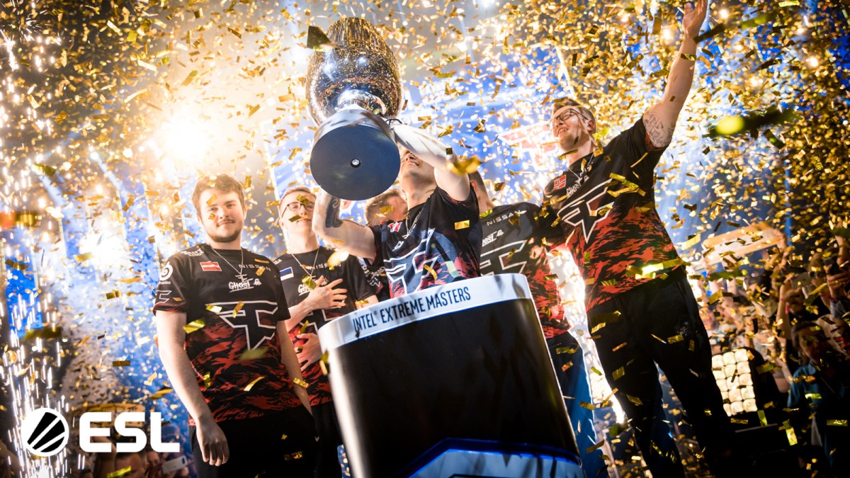 FaZe Clan celebrate on-stage after winning a Counter-Strike tournament.
