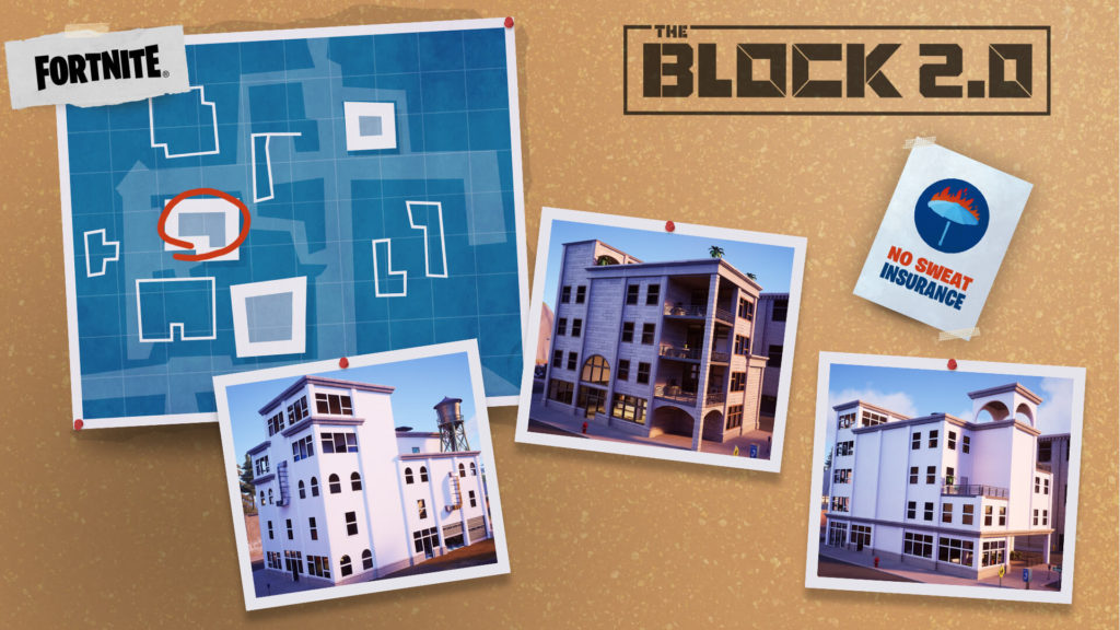 A corkboard with a blueprint and different building options