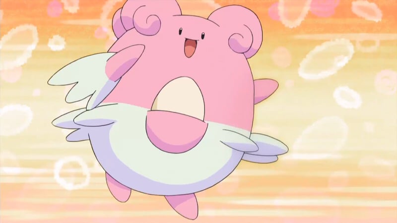 A Blissey jumps for joy.