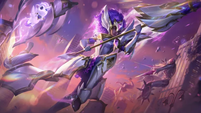 The official splash art of Star Guardian Rell, depicting the champion in bright white armor with large purple hair, wielding her patented lance preparing to jump at enemies.