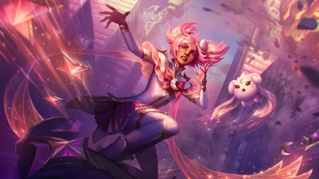 Star Guardian Taliyah stands above a huge city in League of Legends