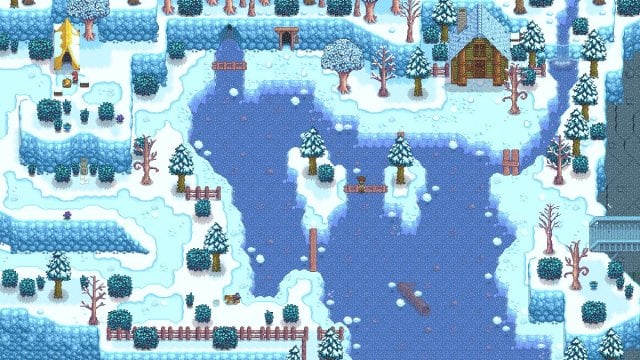 Going to the Mountain Lake during the winter to catch Sturgeon in Stardew Valley