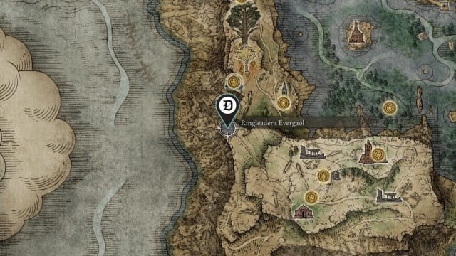 The location of the Elden Ring Legendary Ashen Remains for Black Knife Tiche, shown on the map.